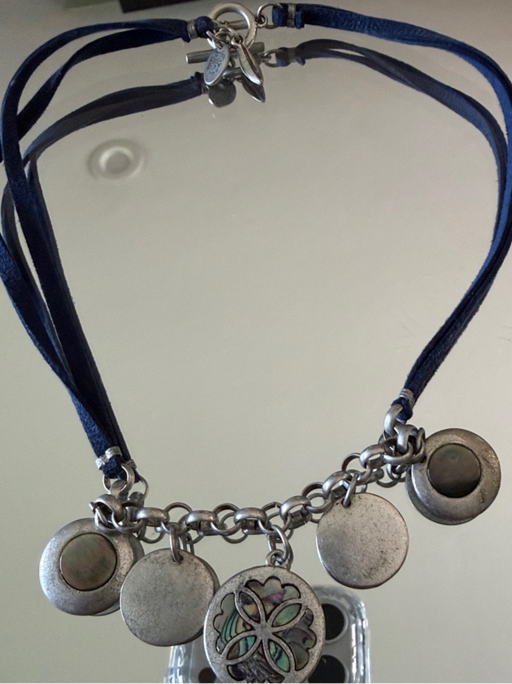 Nine West Vintage America Collection Choker Necklace Blue Cord Discs Abalone